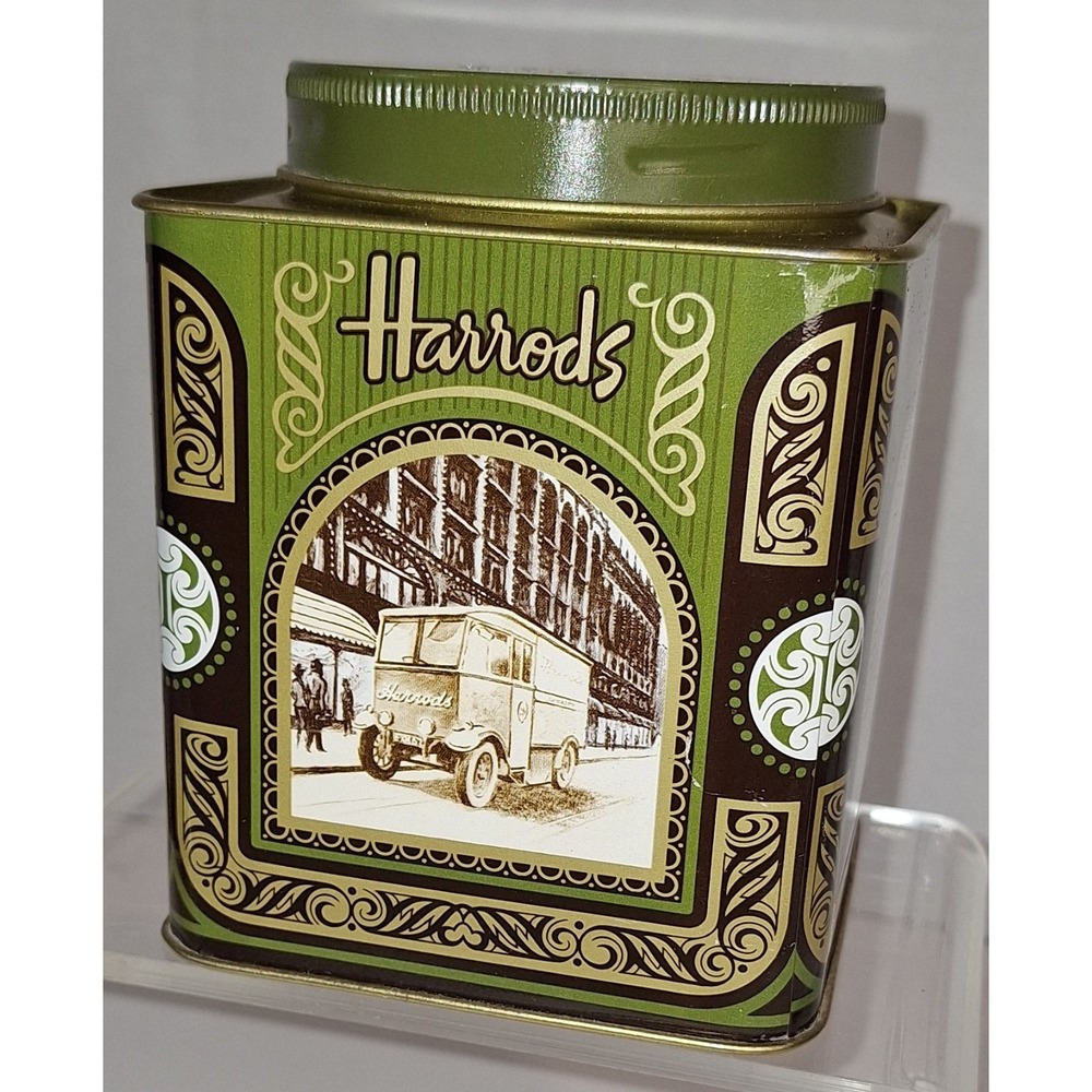 Vtg Harrods Knightsbridge London Tea Tin Green Gold Metal Canister 4.4oz 125g